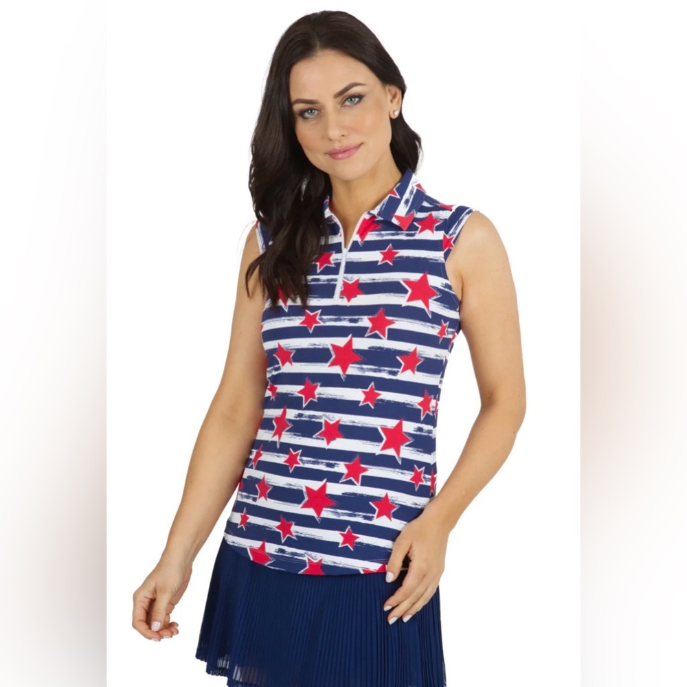 IBKUL Top Americana Sleeveless Polo Size M XL XXL Red Navy Stars Stripes NEW